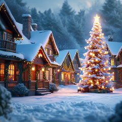 A quaint village covered in snow, with a glowing Christmas tree in the town square, houses adorned with festive lights, and a peaceful winter atmosphere.