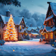 A quaint village covered in snow, with a glowing Christmas tree in the town square, houses adorned with festive lights, and a peaceful winter atmosphere.