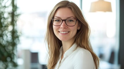 Young Professional Woman Smiling while Working in a Bright and Modern Office Environment with Natural Light Filling the Space