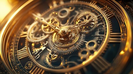 Obraz premium Close-up of intricate clock gears and dials, symbolizing the beauty in time's journey, with golden hues and soft lighting