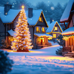 A quaint village covered in snow, with a glowing Christmas tree in the town square, houses adorned with festive lights, and a peaceful winter atmosphere.