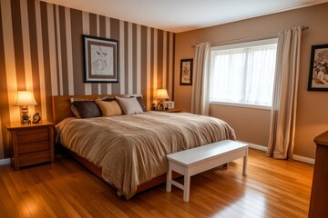 A well-lit, spacious bedroom features a large bed with patterned bedding and a white bench at the foot.
