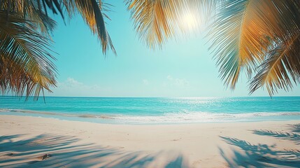 Fototapeta premium A serene beach scene with palm trees and a tranquil ocean under a bright sky.