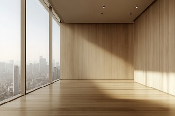 Empty room with large windows, wood floor and wall, city view.