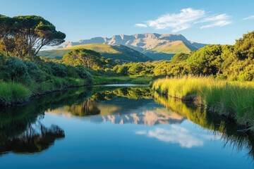 Obraz premium Mountain Reflection in Still Water with Lush Green Foliage
