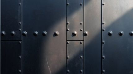 Black wall with metal elements and rivets, rough textured steel