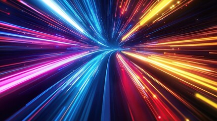 Abstract, colorful light trails moving quickly in the dark tunnel background with a speed effect. Concept of technology, digital, and futuristic theme background