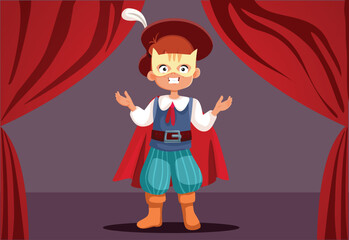 Child Actor in Puss in Boots Character Costume Vector Illustration. Happy boy performing on stage wearing mask and dramatic clothing 
