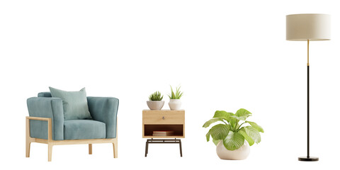 Blue armchair, a nightstand, and a potted plant are shown on transparent background- 3D rendering