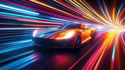 Obraz premium Abstract, colorful light trails moving quickly in the dark tunnel background with a speed effect. Concept of technology, digital, and futuristic theme background