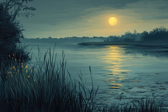 Tranquil Moonlight Landscape with a Still Lake and Silhouetted Trees
