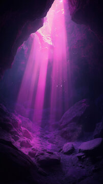 Purple light beams illuminating rocky cave interior