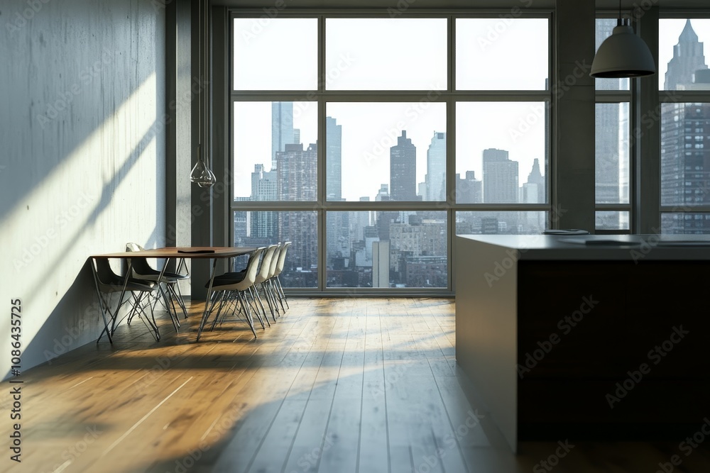 Poster modern kitchen with dining table and panoramic city view through large windows.