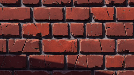 An old red brick wall with weathered and cracked bricks, some chipped in the corners