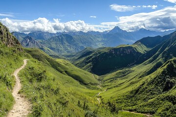 Fototapeta premium A Winding Mountain Path Leading Through Lush Green Valley