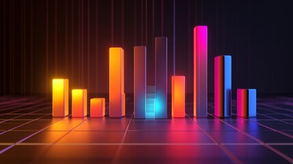 Vibrant 3D Bar Graph Animation with Colorful Lights Reflecting on a Black Grid Background, Representing Data Visualization and Modern Statistics Concepts