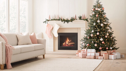 A beautifully styled Christmas tree takes center stage in a cozy living room, draped with elegant ribbons, twinkling fairy lights, and intricate ornaments. The fireplace in the background adds a