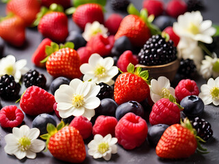 Fototapeta premium A lots of Fresh strawberries, blackberries, raspberries, blueberries of different colours, are laying and positioned differently, a few white vanilla flowers. Composition is bright, and appetising