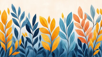 Naklejka premium Serene Watercolor Leaves Autumnal Blue Orange Yellow Foliage Illustration