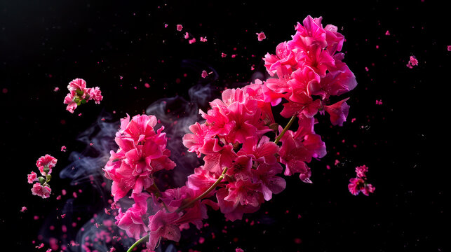 A close-up of a pink mattiola flower with smoke in the background. The concept of a postcard for International women's Day on March 8. A symbol of love, beauty