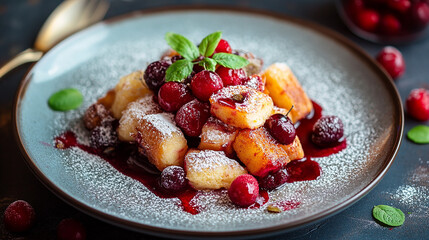 Topped with juicy cherries on a beautiful plate