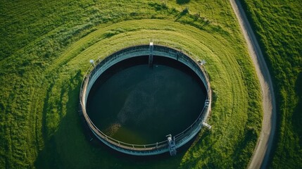 Aerial shot of a wastewater treatment plant with green fields around, symbolizing eco-conscious infrastructure