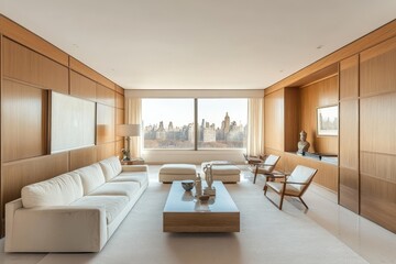 Fototapeta premium Modern living room with a view of the city skyline.