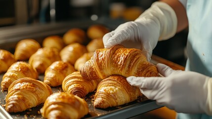 A baker's hands in white gloves carefully place fresh croissants on a baking sheet.