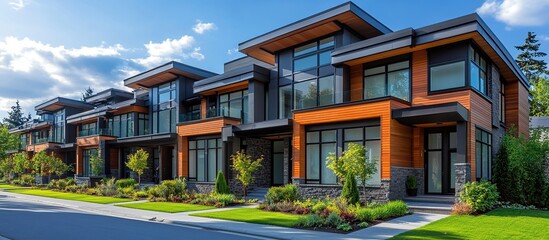 Obraz premium Modern residential buildings with large windows and landscaped surroundings.