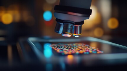 a close-up of a microscope in use, showing a slide with colorful cells magnified on a digital screen, background is blurred.