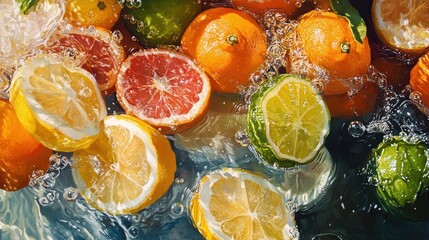 Fresh citrus fruits, lemons, limes, and oranges, floating in water with splashes and bubbles.