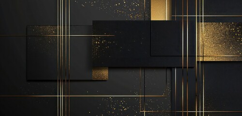 Bold black and gold color blocks with thin metallic gold lines, creating a sleek, modern Christmas banner with an abstract geometric design.