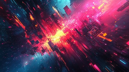Fototapeta premium A vibrant digital landscape showcasing abstract structures and dynamic colors.