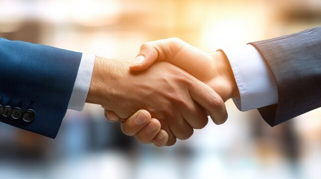 a close-up of two hands shaking firmly, both wearing professional business suits. The background is softly blurred, hinting at a modern office environment, emphasizing trust and partnership.