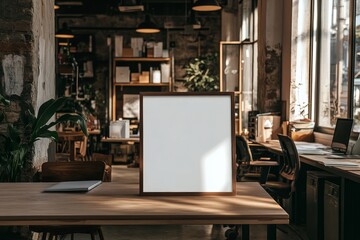A blank sign stands on a wooden table in a modern office with a laptop, plants, and large windows.