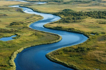 Fototapeta premium Aerial View of a Winding River Through Green Grasslands