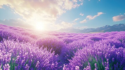 Fototapeta premium A vibrant lavender field under a bright sky at sunset, showcasing natural beauty.