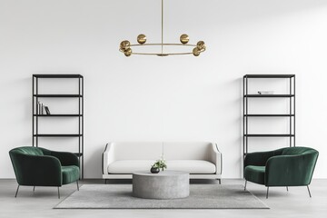 Minimalist living room interior with white walls, a white sofa, two green armchairs, a concrete coffee table, and black metal shelves.