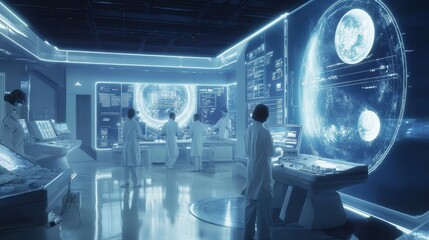 futuristic space station laboratory, with scientists analyzing holographic displays of distant planets and galaxies. The room is illuminated by soft, high-tech lighting.
