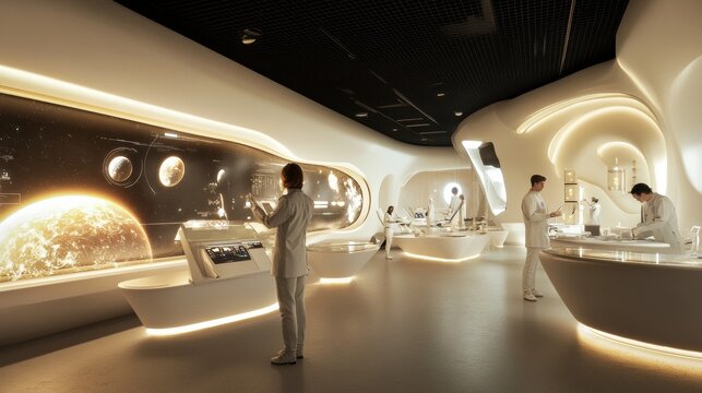 futuristic space station laboratory, with scientists analyzing holographic displays of distant planets and galaxies. The room is illuminated by soft, high-tech lighting.