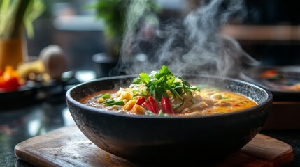 Delicious steaming bowl of spicy noodle soup garnished with fresh herbs, sliced chili peppers, and colorful vegetables on a rustic wooden board in a cozy restaurant setting