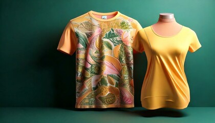 sustainable fashion upcycled design concept. Two colorful yellow shirts displayed against a green background, showcasing vibrant patterns and textures.