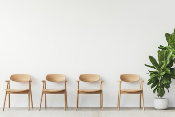 Four wooden chairs in a row in front of a white wall with a potted plant in the right corner.