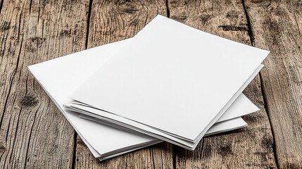 Fototapeta premium A stack of blank white papers resting on a rustic wooden surface.