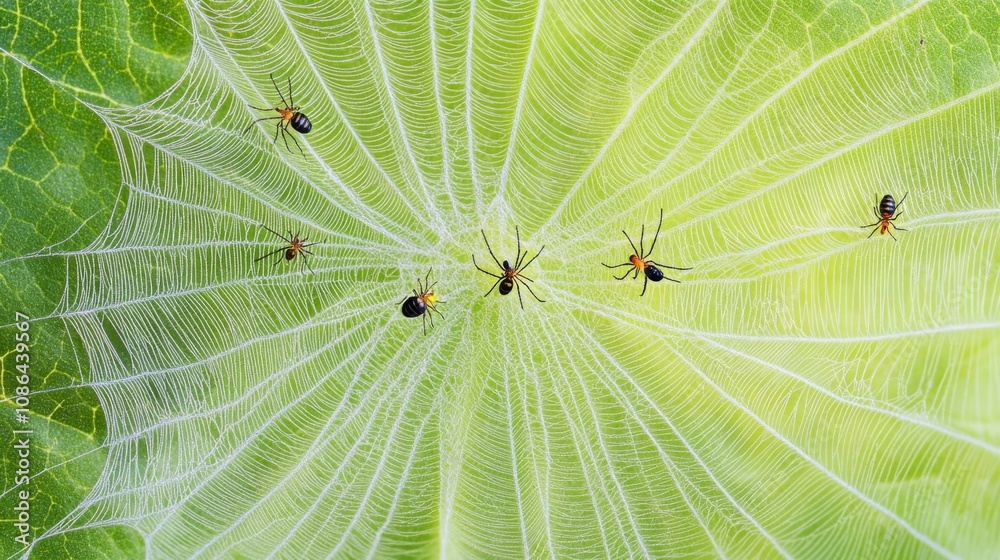 Poster close-up view of a spider web on a green leaf with tiny spiders in their natural habitat, showcasing