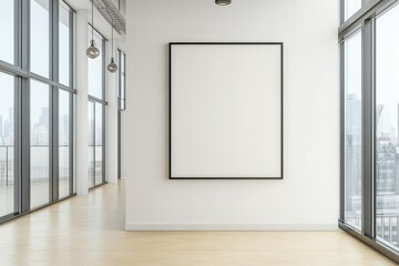 A large blank picture frame hangs on a white wall in a modern loft space with large windows overlooking a city skyline.