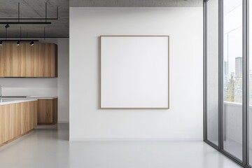 A large blank canvas hangs in a modern kitchen with a wood counter, white cabinets, and a large window overlooking a cityscape.