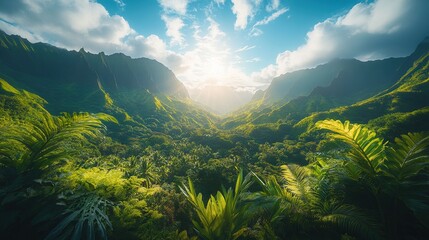 A vibrant jungle landscape with mountains and sunlight filtering through clouds.