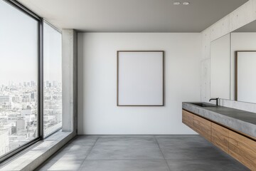 Fototapeta premium Modern bathroom with large window, concrete floor, and wooden vanity with a sink.