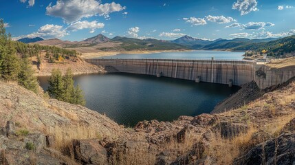 Obraz premium Panoramic view of hydroelectric dam generating power, with beautiful mountain surroundings